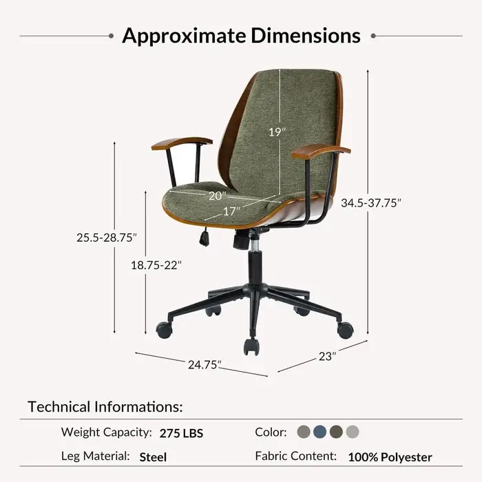 Chaise de bureau avec revêtement en polyester Bentwood, chaise de bureau ergonomique pivotante avec 