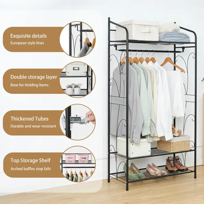 Armoire ouverte à vêtements moderne en métal noir pour entrée élégante et rangement pratique pour femme occasions spéciales
