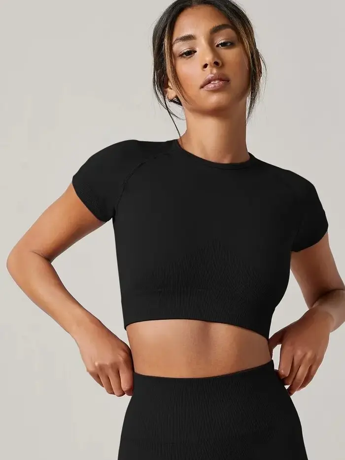 T-shirt de sport sans couture pour femme, haut de yoga, vêtements de fitness, chemise de gym, vêteme
