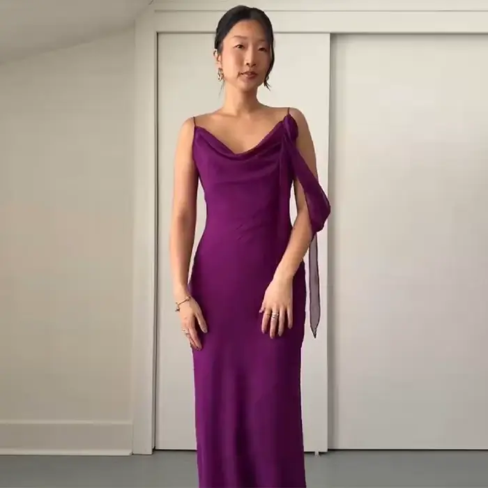 Robe longue en mousseline violette pour femme, collection été 2026, avec bretelles spaghetti, col dr