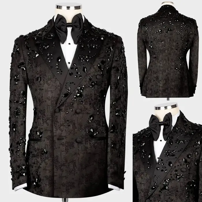 Costume moderne pour hommes, perles de cristal, 2 pièces, Blazer, pantalon, Double boutonnage, vêtem