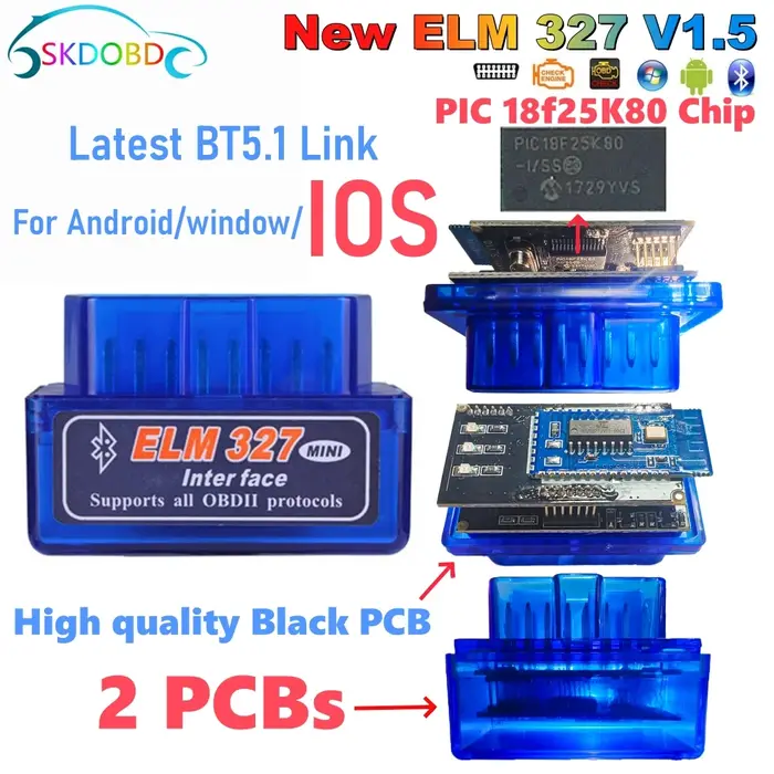 Mini ELM327 V1.5 pour IOS Android Bluetooth 5.1, EAU automatique OBD2 noir 2PCB voiture ELM 327 test