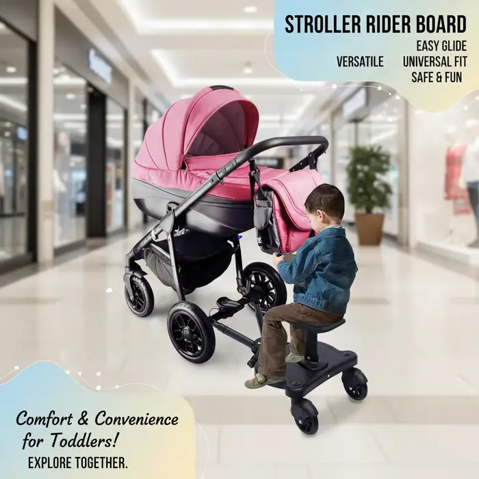 Planche de poussette universelle 2-en-1 trottinette réglable avec siège et roues amovibles pour bébé tout-petit et frère sœur sorties en famille moments de jeu et de découverte
