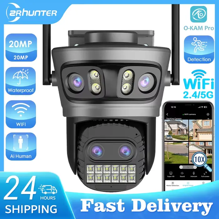 Caméra sécurité extérieure 20MP triple objectif 5G WiFi - PTZ 10x zoom IA détection humaine tracking auto