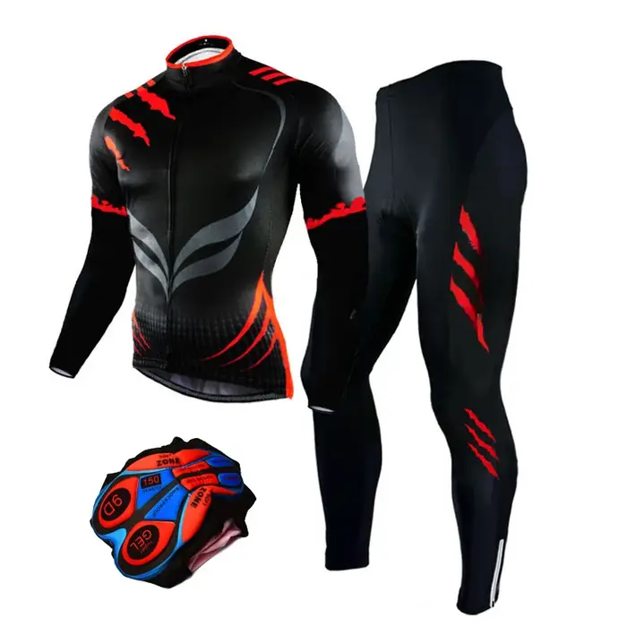 Ensemble de maillot de cyclisme pour hommes en polyester et lycra, avec coussin respirant en gel pour hommes, pour printemps et automne, pour VTT et vélo de route