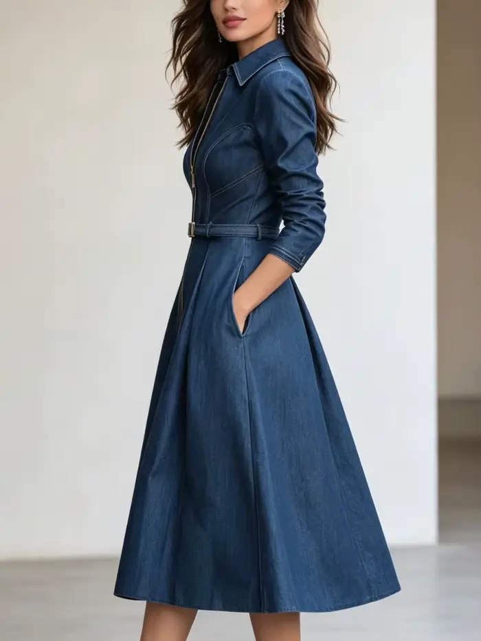 Modigirl femme bleu a-ligne robes 2025 printemps automne nouveau plissé taille haute poches fermeture éclair revers Vint