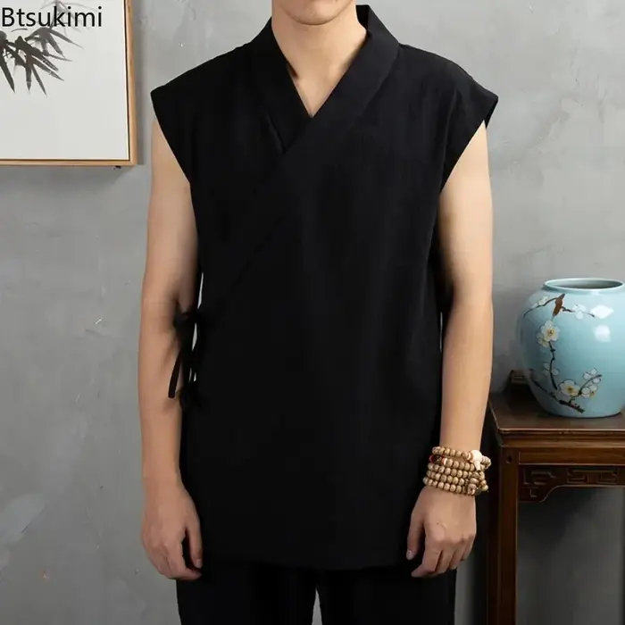 Vêtements traditionnels chinois Hanfu pour hommes 2026 – Veste sans manches en lin et coton