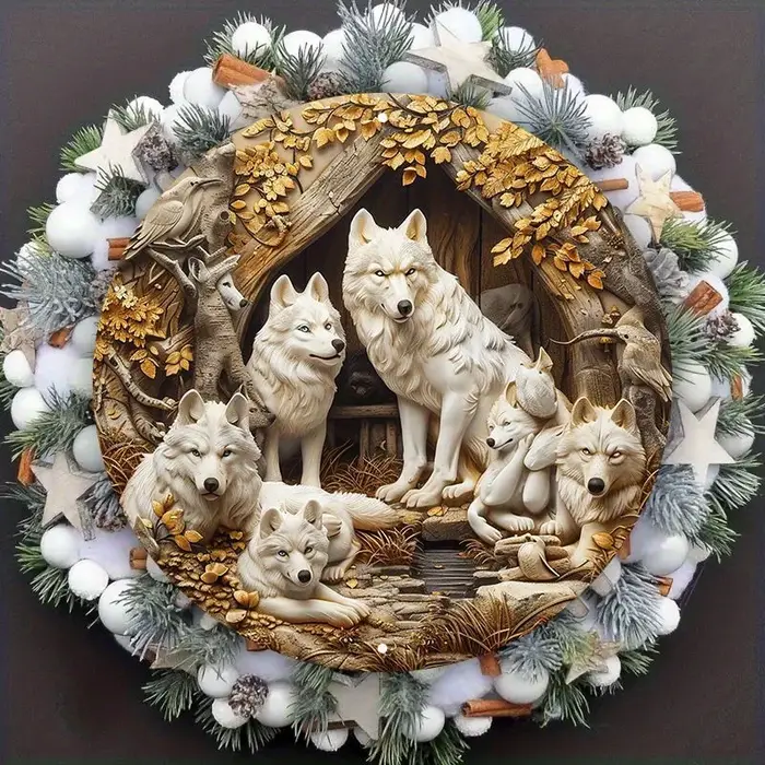 Panneau d'Art en Aluminium de Famille de Loups, Décoration Murale Ronde en Métal avec Design de Paqu