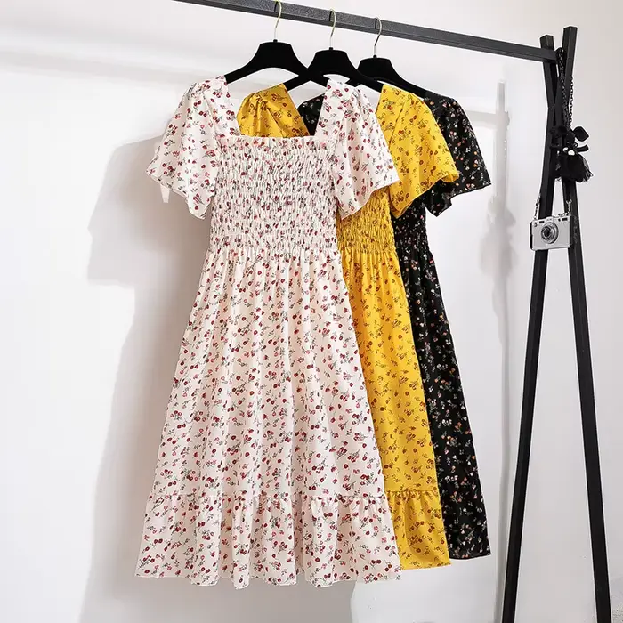Printemps été robe en mousseline de soie femmes robes mi-longues femme à manches courtes taille élas