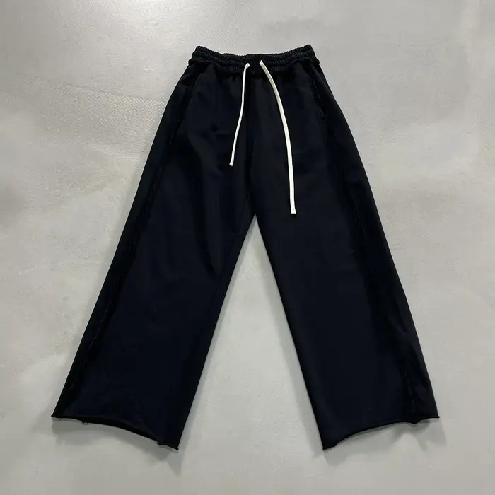Pantalon de survêtement vintage à jambe large, drapé, à bords effilochés, noir et gris, avec taille 
