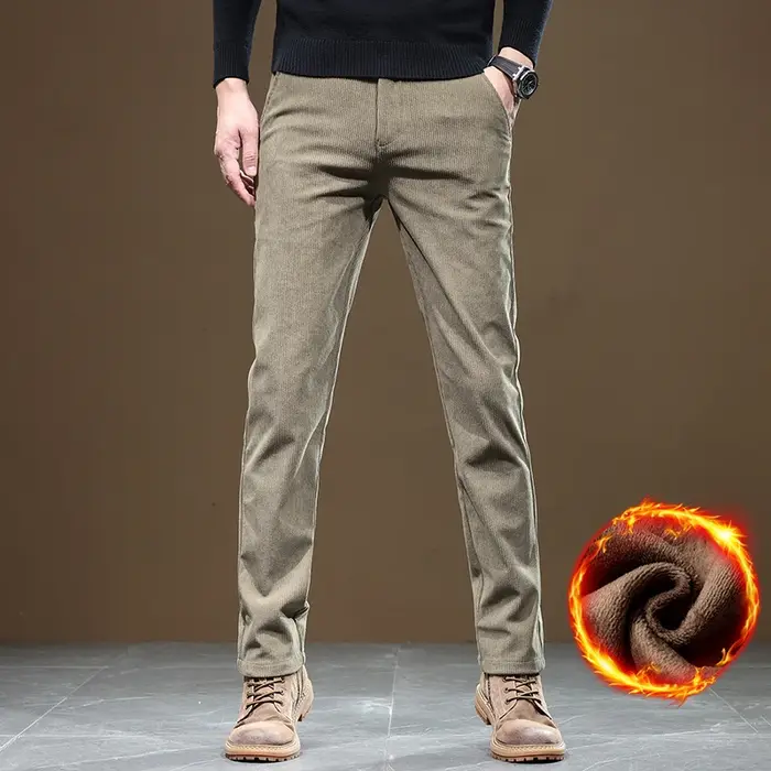 Pantalon velours côtelé homme hiver chaud épais slim fit stretch business gris kaki décontracté