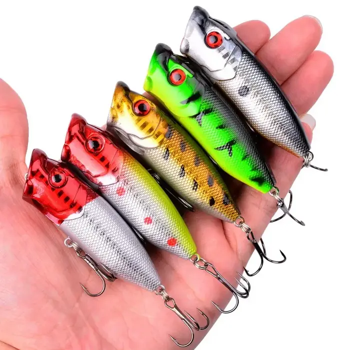 5 pièces leurres de pêche Popper Topwater yeux 3d appâts durs Wobblers artificiels matériel de pêche