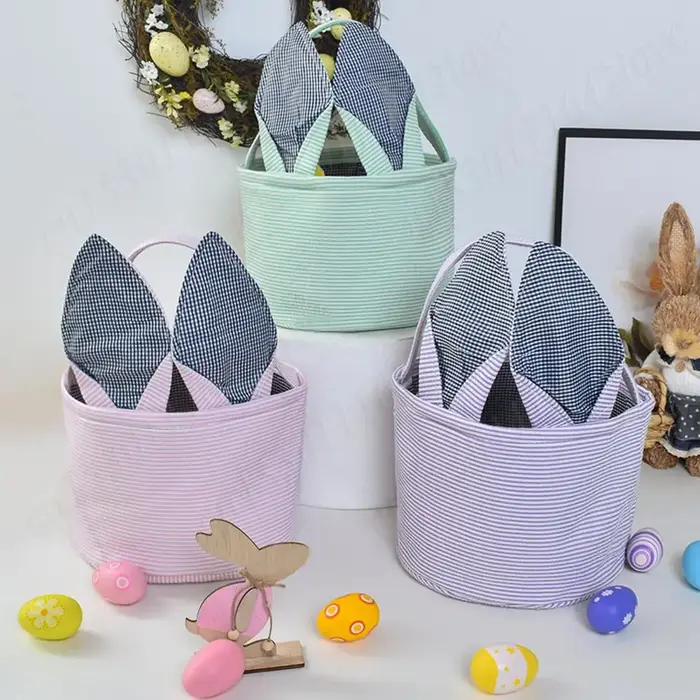 Paniers de Pâques en tissu Seersucker avec oreilles de lapin mignonnes