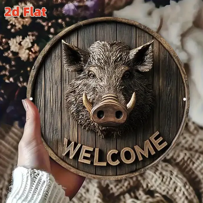 Panneau de bienvenue plat 2D en forme de sanglier, décor de lodge de chasse de ferme rustique avec d