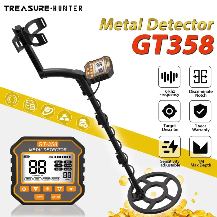 Treasure Hunter – détecteur de métaux GT358, Scanner souterrain, encoche de pelle, bobine étanche de 10 pouces, outil de localisation professionnel