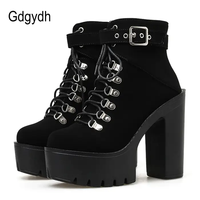 Gdgydh à lacets femmes bottes plate-forme boucle botte Cosplay chaussures talon épais automne bottes