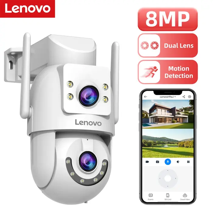 Caméra sécurité PTZ WiFi Lenovo 8MP - Vision nocturne couleur double écran - Surveillance extérieure auto-tracking
