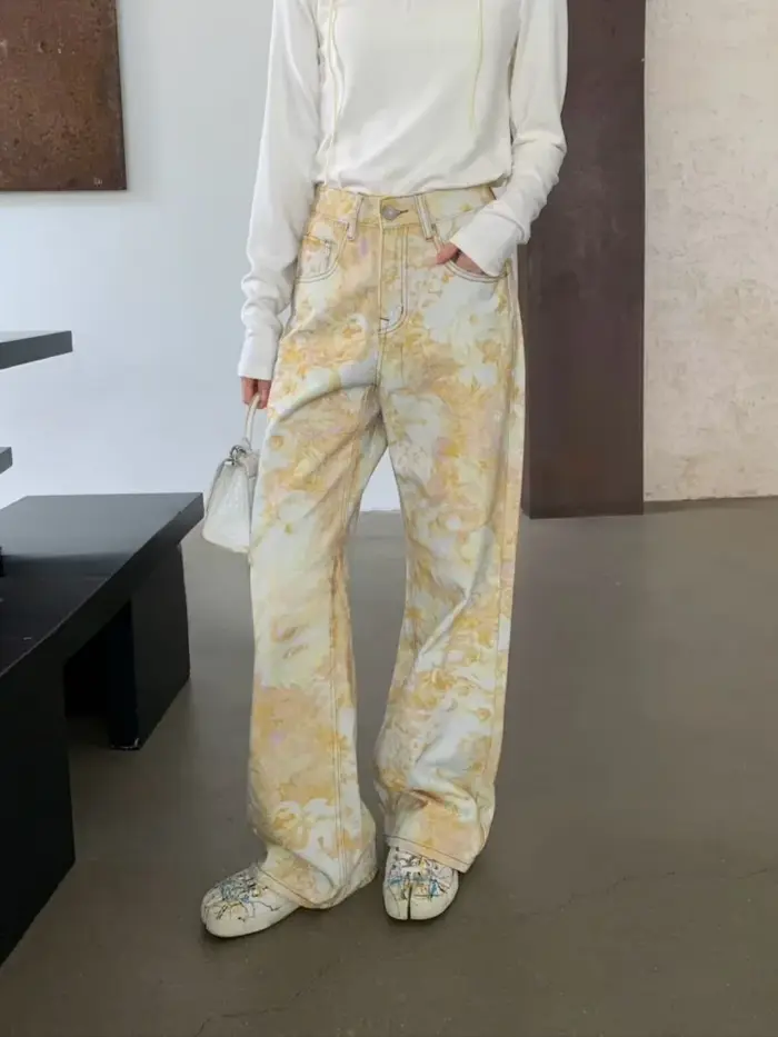Pantalons Jeans Baggy à Fleurs Jaunes Tie Dye Mode Y2K 2025 pour Femmes Vêtements Coréens Casual Dro