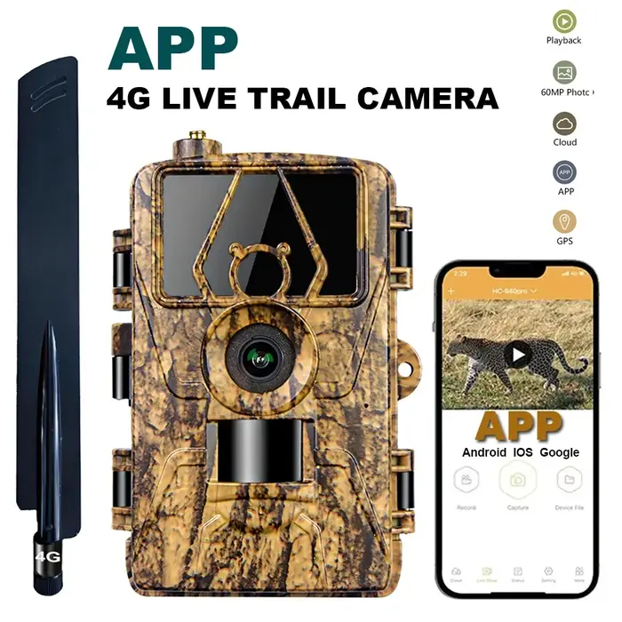 Caméra de suivi des sentiers 4G LIVE, contrôle par application, Vision nocturne IR, piège de chasse HD 60MP 8K avec carte SIM, caméra cellulaire Mobile pour la faune