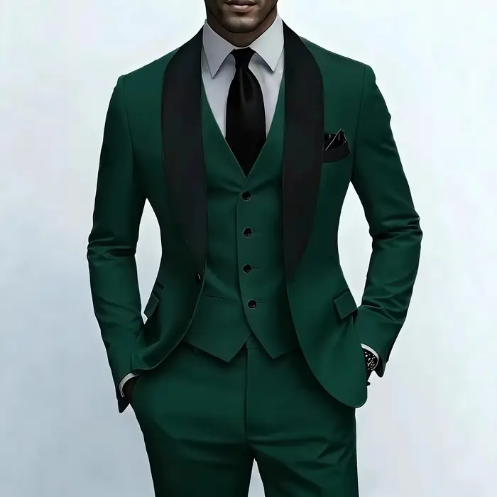 Costume formel trois pièces à col feuille verte pour hommes |   Conception de couleurs contrastées, 