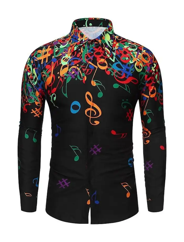 Chemise boutonnée pour hommes, col Notes de musique, impression 3D, vacances quotidiennes, manches l