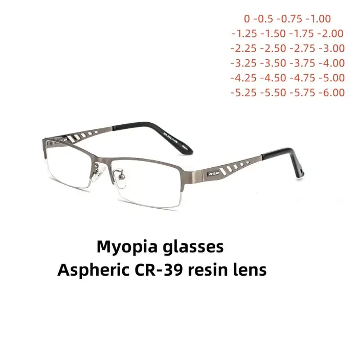 Lunettes de myopie anti-bleu pour hommes, demi-monture, acier inoxydable, affaires, degrés de 0 à-6.