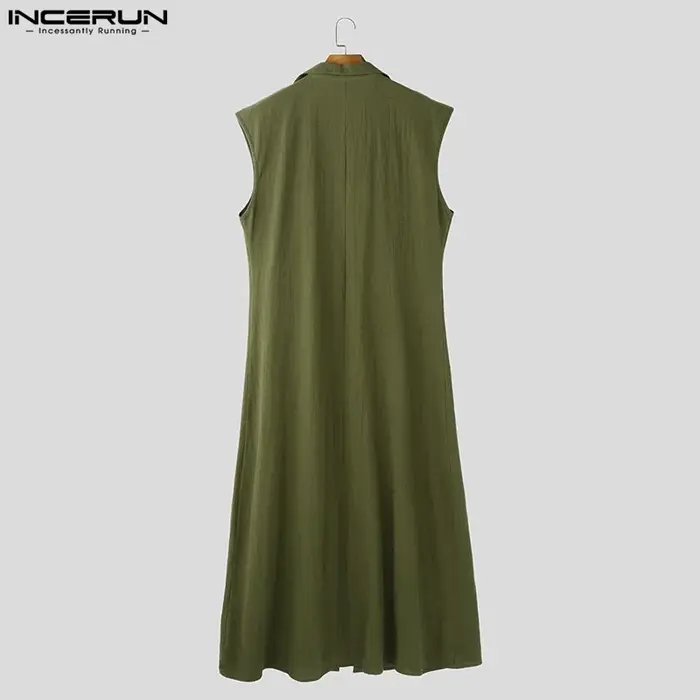 INCERUN hommes chemises de Style Long solide col montant sans manches décontracté mâle Cardigan Stre