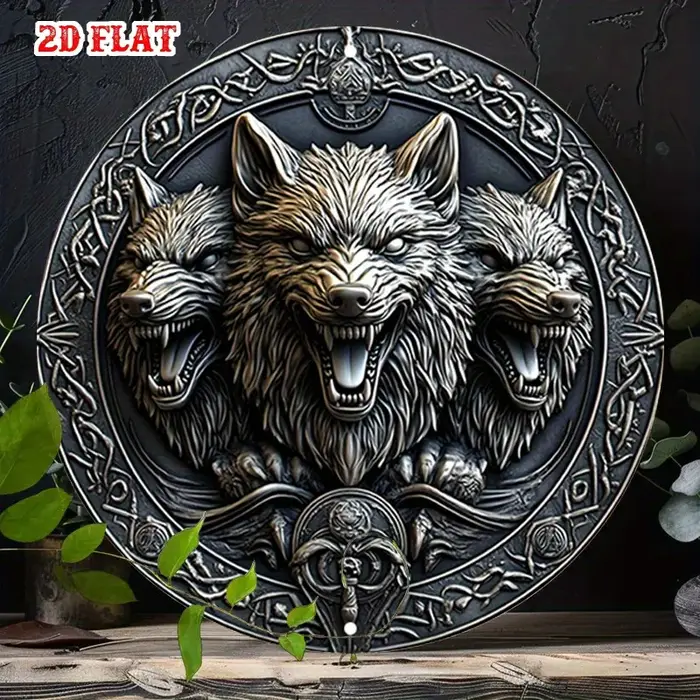 Panneau rond en aluminium 2D plat, 1 pièce, visages de loup, 19.99x19.99 cm, nœud celtique, Art mura