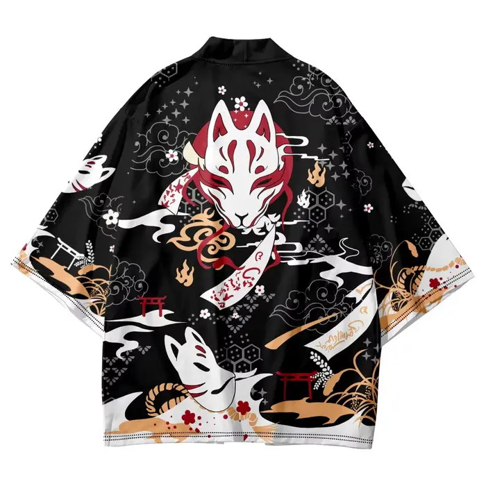 Veste Inari Fox Kimono en polyester et élasthanne pour hommes avec renard Inari motif élégant pour occasions spéciales