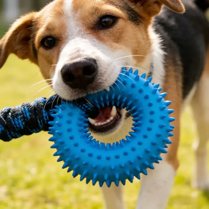 Jouet à tirer avec anneau à pointes et nœud en corde pour grands chiens