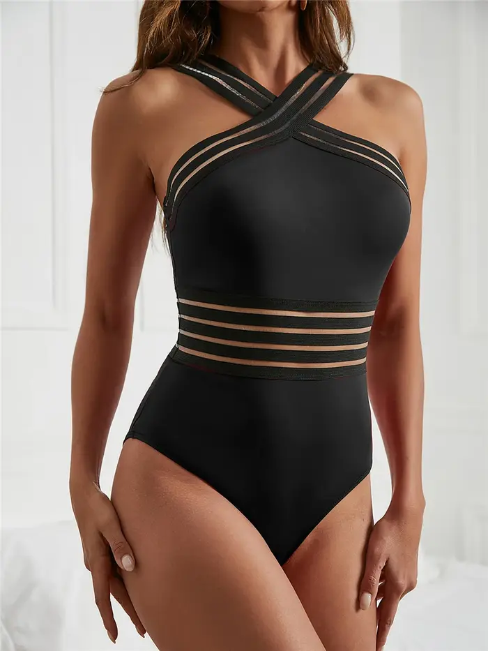 Maillot de bain une pièce avec bande en maille unie, Sexy, col haut, croisé sur le devant, rembourré