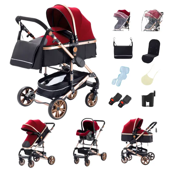 Système de voyage pour bébé 3-en-1 de luxe : poussette, landau haute position, pliage en un clic, mo