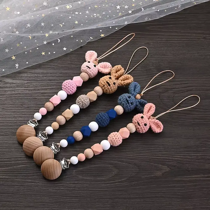 Clip de sucette en bois pour bébé, Crochet en bois, lapin, chaîne de sucette pour la dentition, joue