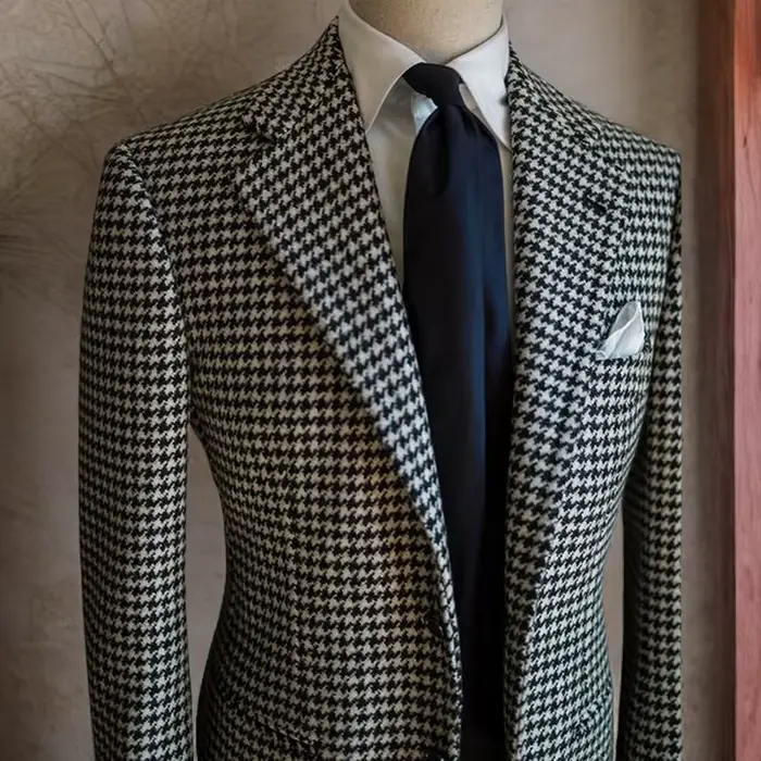 Blazer d'affaires pied-de-poule pour hommes, veste de costume à revers cranté à carreaux, manteau fo