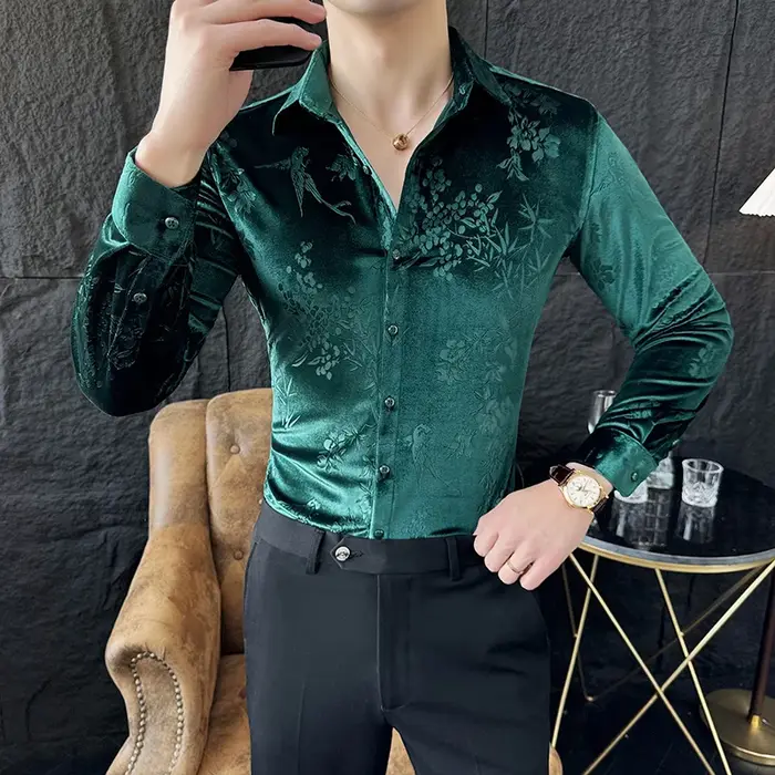 Chemise de luxe en velours et velours pour hommes, Slim, tenue décontractée, fête sociale, smoking, 