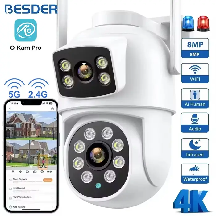 Caméra Sécurité BESDER 4K 8MP WiFi PTZ Extérieur Détection Humaine Double Écran Audio Protection IP O-Kam Pro