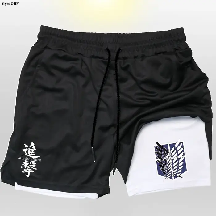 Anime Attack On hommes Gym séchage rapide Jogging Shorts Fitness entraînement course 2 en 1 pantalon
