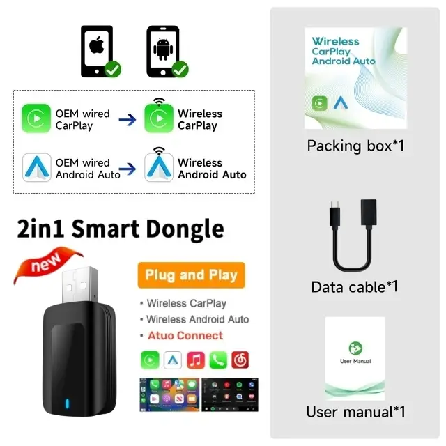 Adaptateur sans fil CarPlay Android Auto, Plug & Play, Mini boîte intelligente 2 en 1 pour Benz A C 