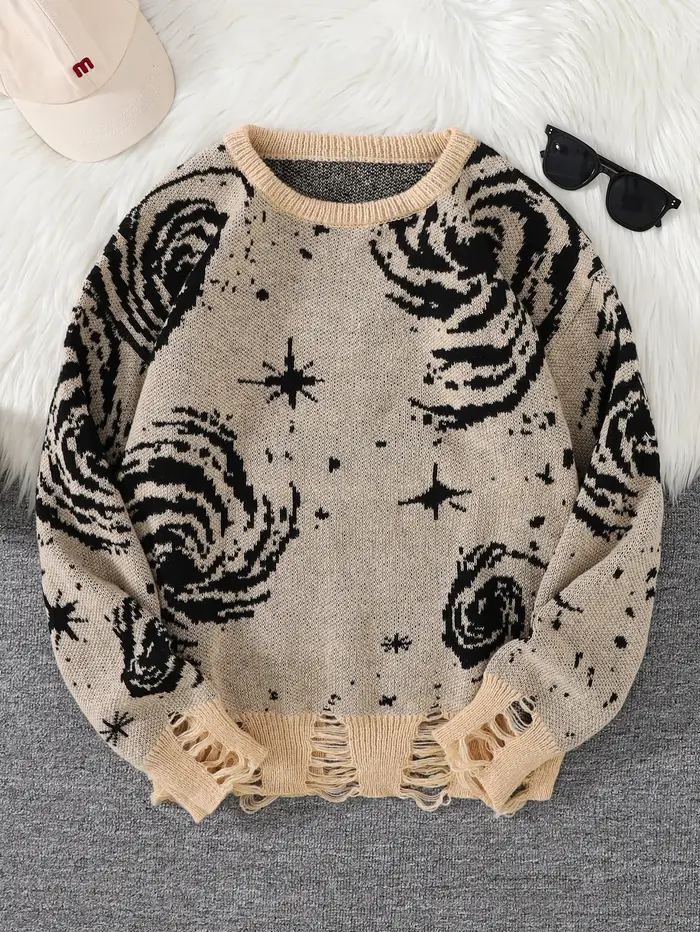 Nouveau Style de rue à la mode déchiré abstrait ciel étoilé motif pull déchiré pull décontracté col 
