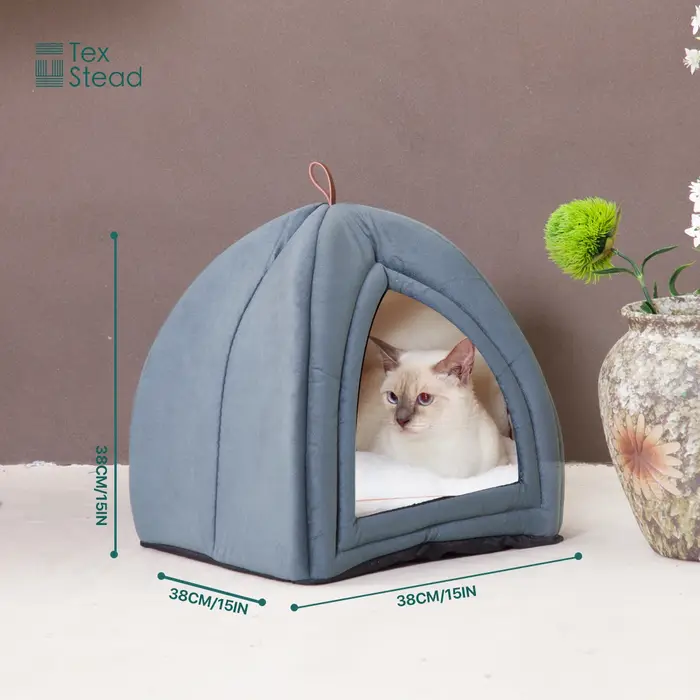 Niche pliable pour chat en velours givré avec coussin lavable, lit pour animaux de compagnie ultra d