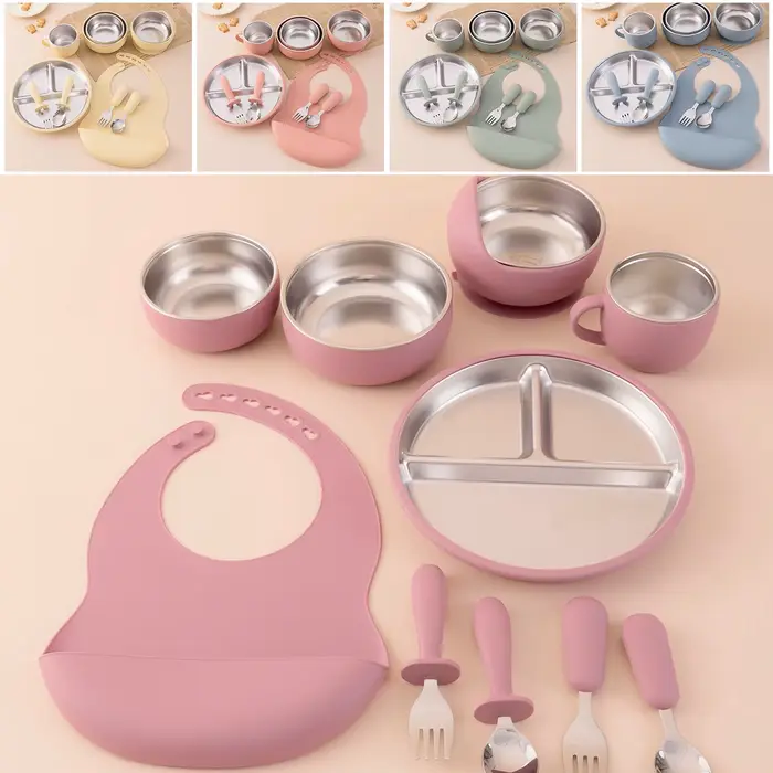 Ensemble d'alimentation pour enfants, 10 pièces, vaisselle en acier inoxydable et Silicone avec bol 