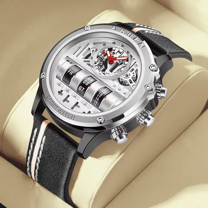 Montre homme quartz luxe cuir - Montre d'affaires créative avec date rotative pour homme
