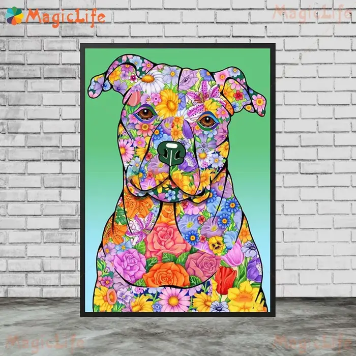 Chien avec fleurs, images murales d'animaux de dessin animé pour salon, affiche nordique, peinture s