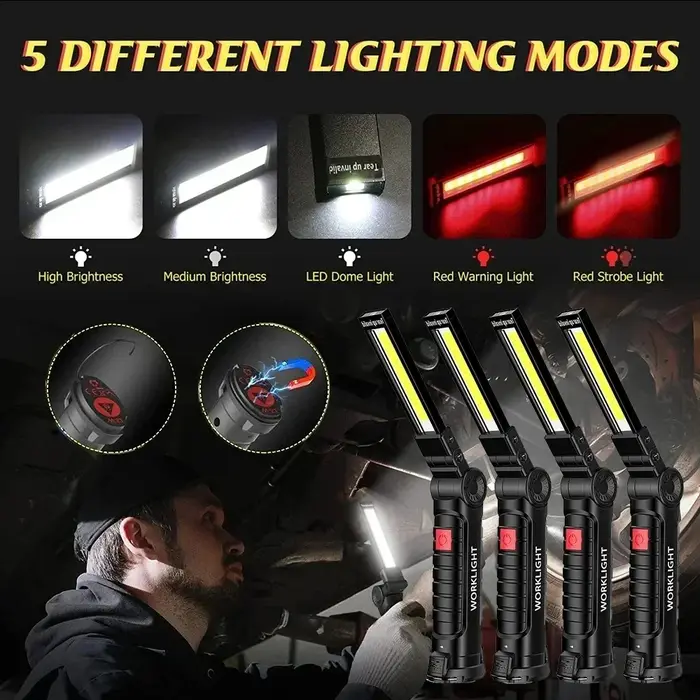 Lampe de poche LED COB magnétique, portable, aste par USB, lampe de travail, lampe de face avec batt