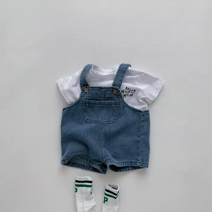 T-shirt en denim pour bébé fille et garçon, combinaison pour nouveau-né, ensemble 2 pièces