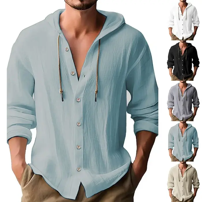 Chemise décontractée de couleur unie pour hommes, cardigan à capuche en coton et lin avec cordon de 
