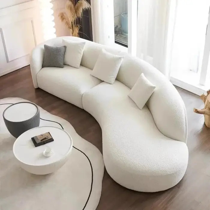 Canapé incurvé en tissu lune pour salon, moderne, en laine d'agneau réduite, de forme spéciale