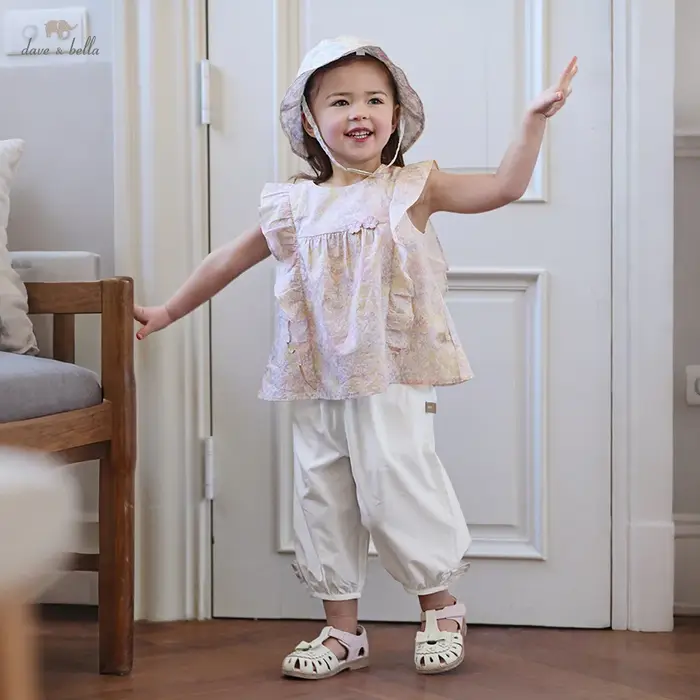 Ensemble haut et pantalon pour filles Dave Bella, costume d'été pour enfants, imprimé floral, élasti