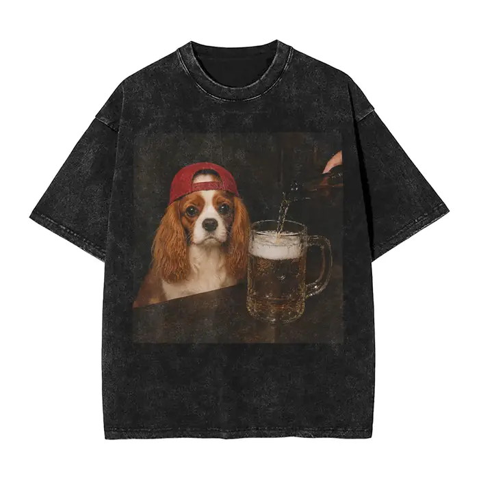 T-shirts Streetwear Cavalier King Charles Spaniel buvant de la bière, T-shirts Meme Chien pour Homme