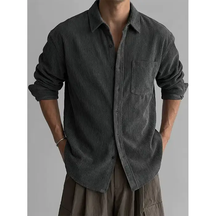 Chemise en velours côtelé pour homme Old Money, manches longues, rayures unies, coupe ample, style w